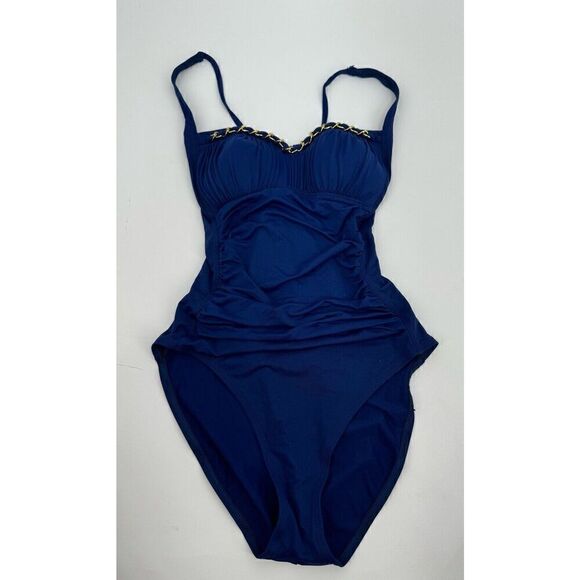 Longitude Other - Longitude Swimsuit One Piece Blue Gold Chain Ruched Slimming Full Coverage Sz 8